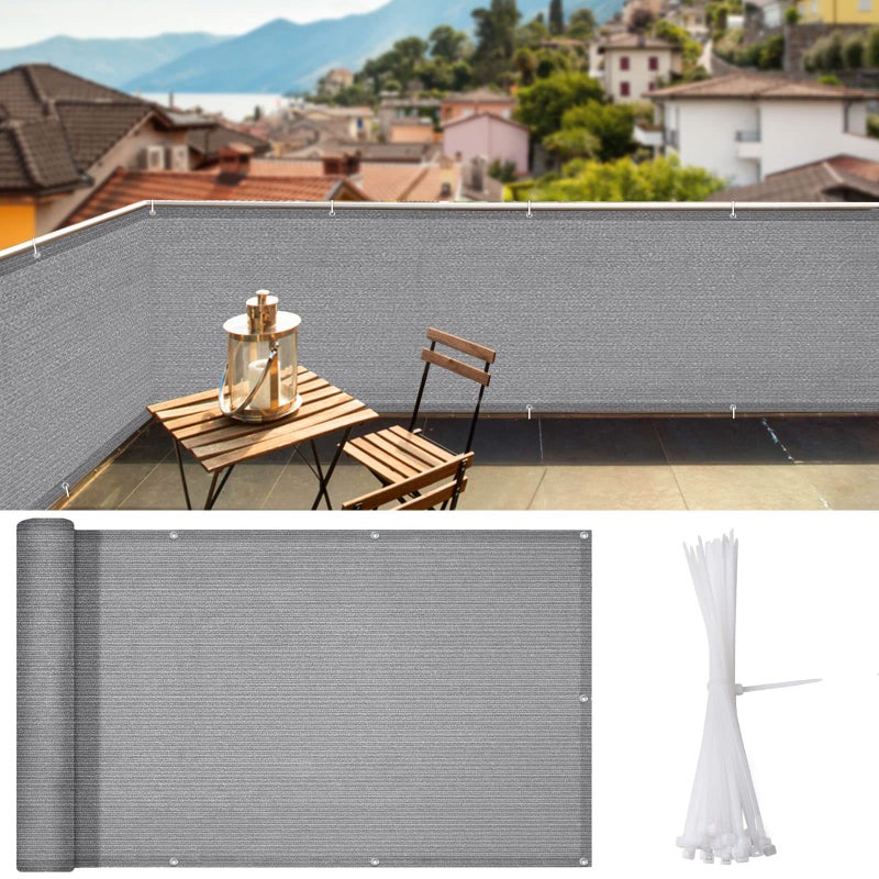 iCover 3.5x16.5ft سياج شاشة الخصوصية للشرفة، غطاء سياج حديدي مقاوم للأشعة فوق البنفسجية لسطح الشرفة، الفناء الخلفي، حديقة الفناء، تتضمن روابط سحاب للكابل، رمادي